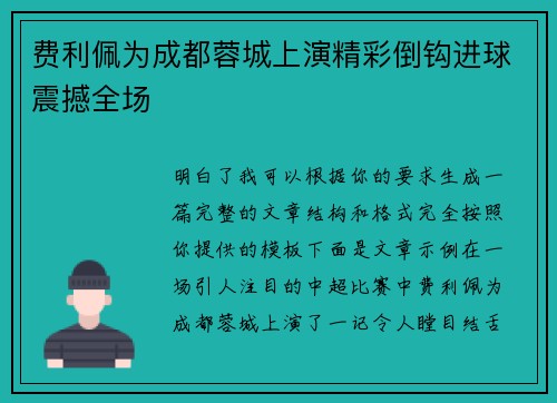 费利佩为成都蓉城上演精彩倒钩进球震撼全场