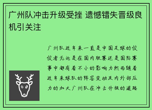 广州队冲击升级受挫 遗憾错失晋级良机引关注